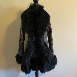 Betsey Johnson Skulls and Spiders Faux Fur Duster